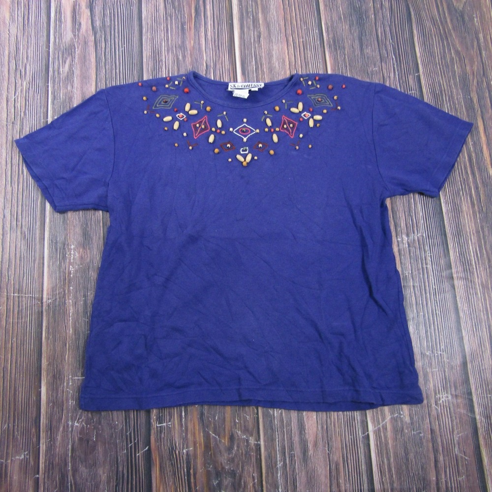 SK & COMPANY T-Shirt Womens L Blue Beaded Embroidered Vintage 90s Granny Core
